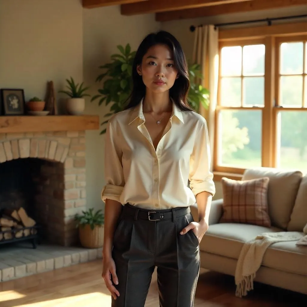 Confident Asian Woman in a Cozy Cottage