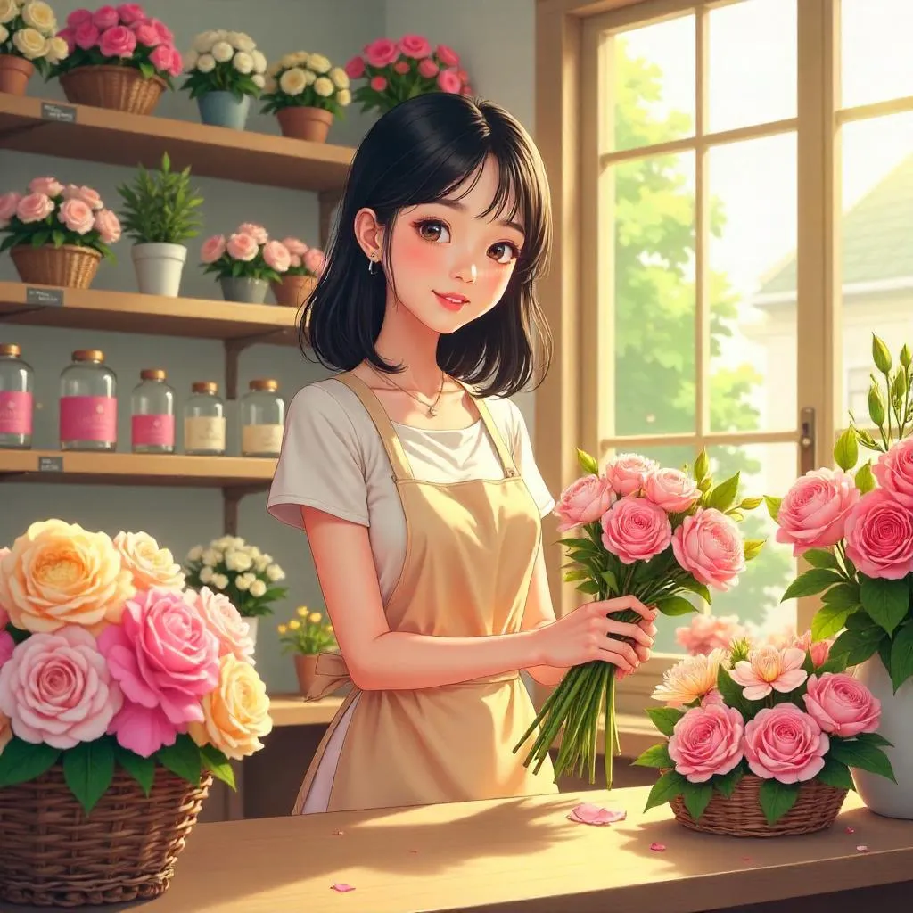 Young Asian Woman in a Flower Shop, Anime Style