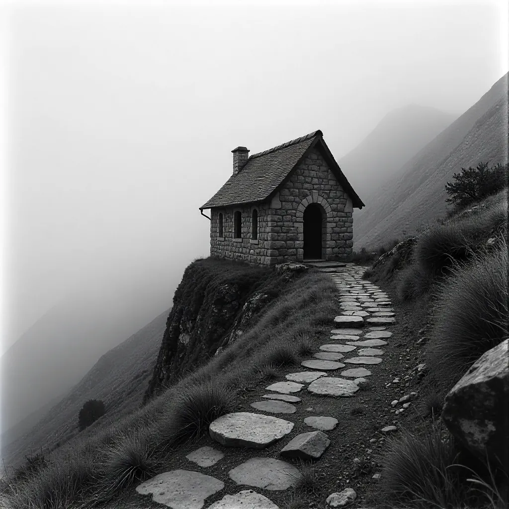 Solitary Chapel on Misty Mountain Path