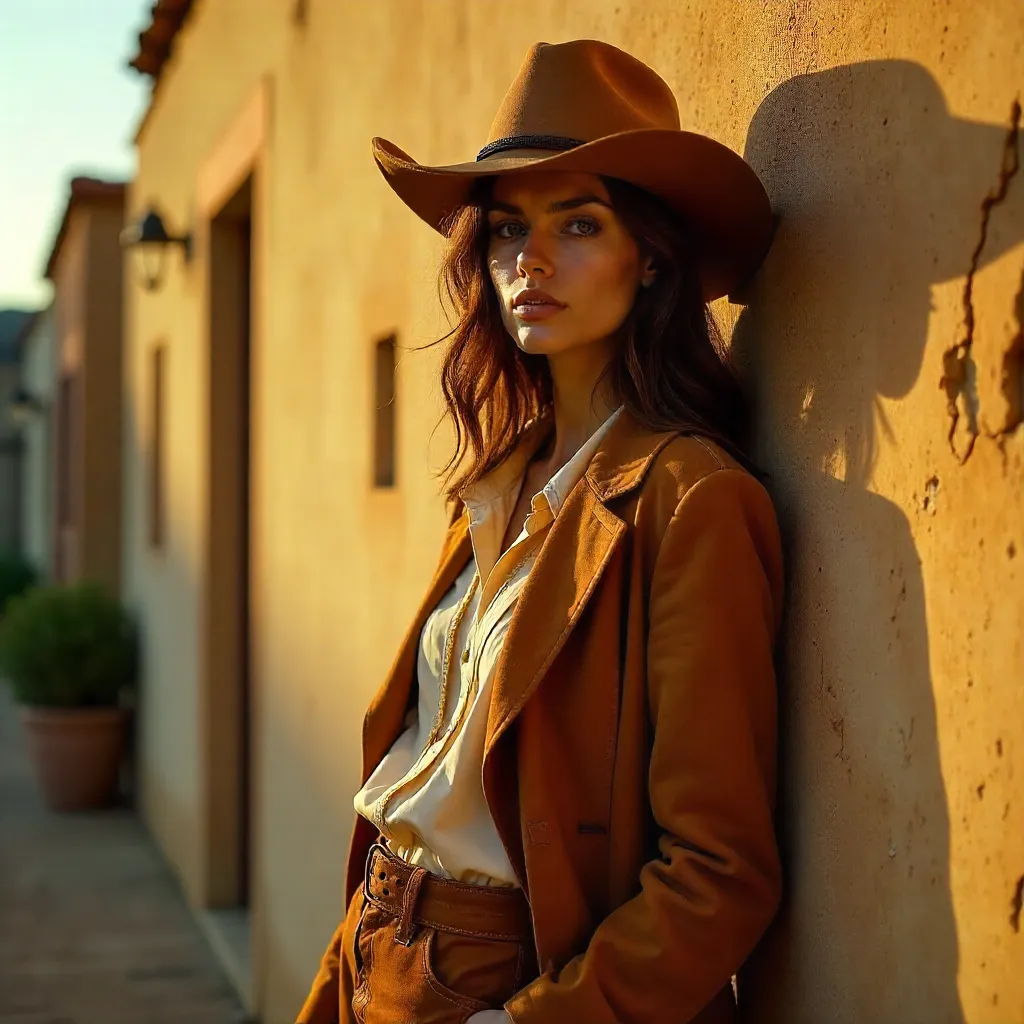 Golden Hour Western Hat Elegance by Textured Wall