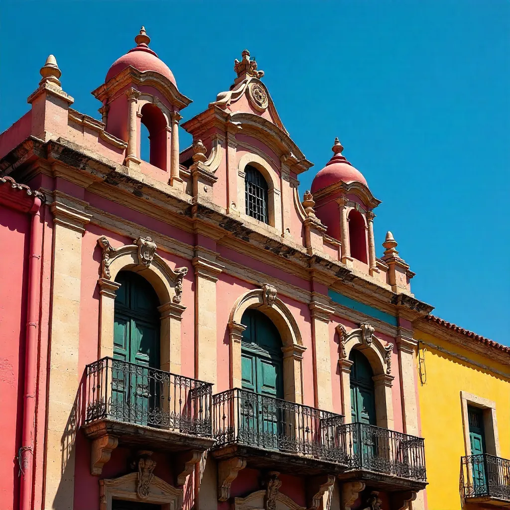 Colorful Puebla Colonial Facade with Red Domes