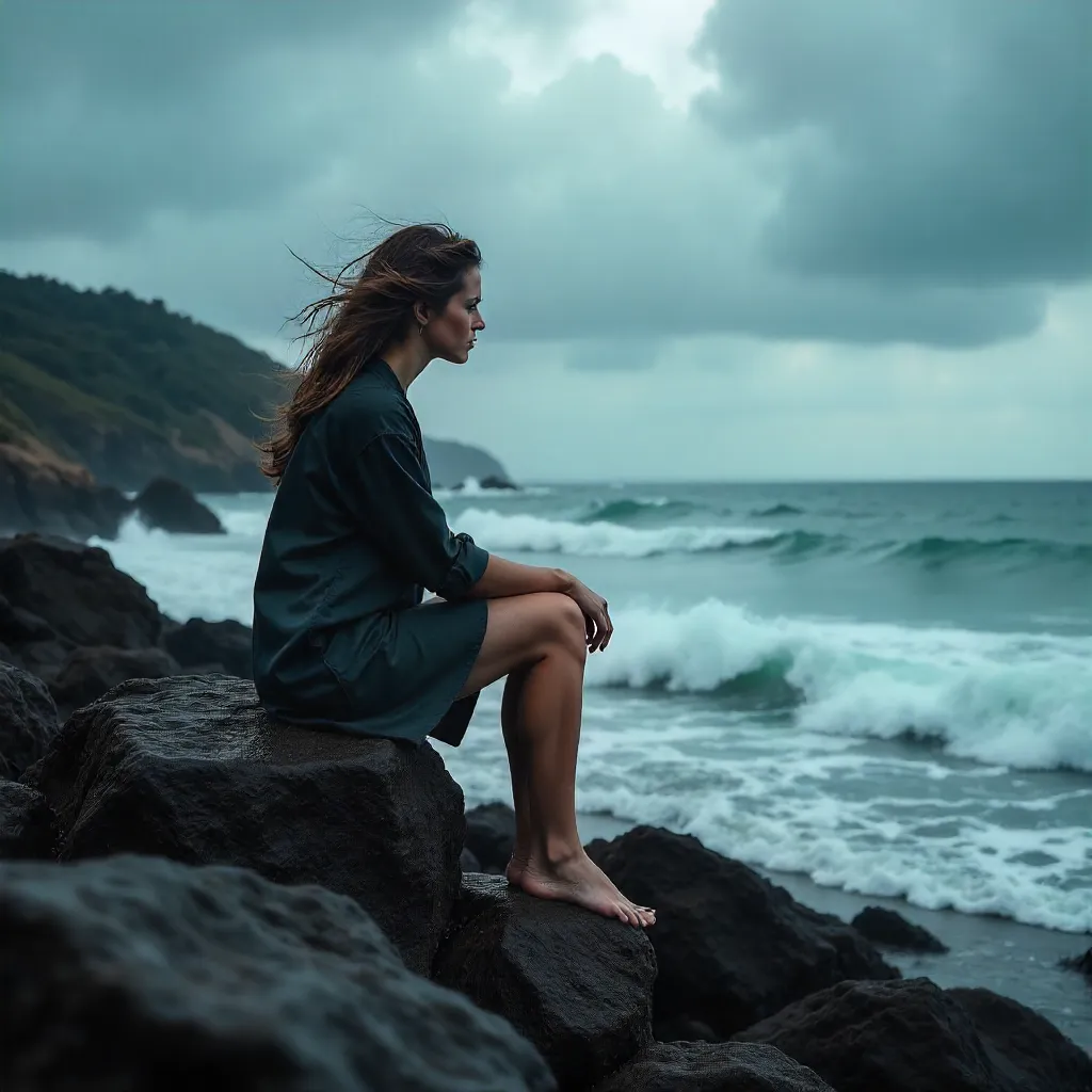 Contemplative Woman on Rugged Coastal Rocks