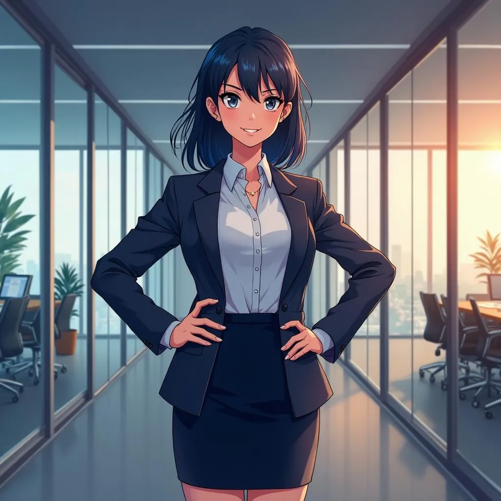 Confident Asian Woman in a Modern Office, Anime Style