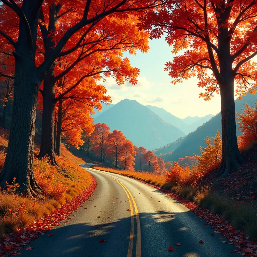 Autumn Road Framed by Trees Toward Blue Mountains
