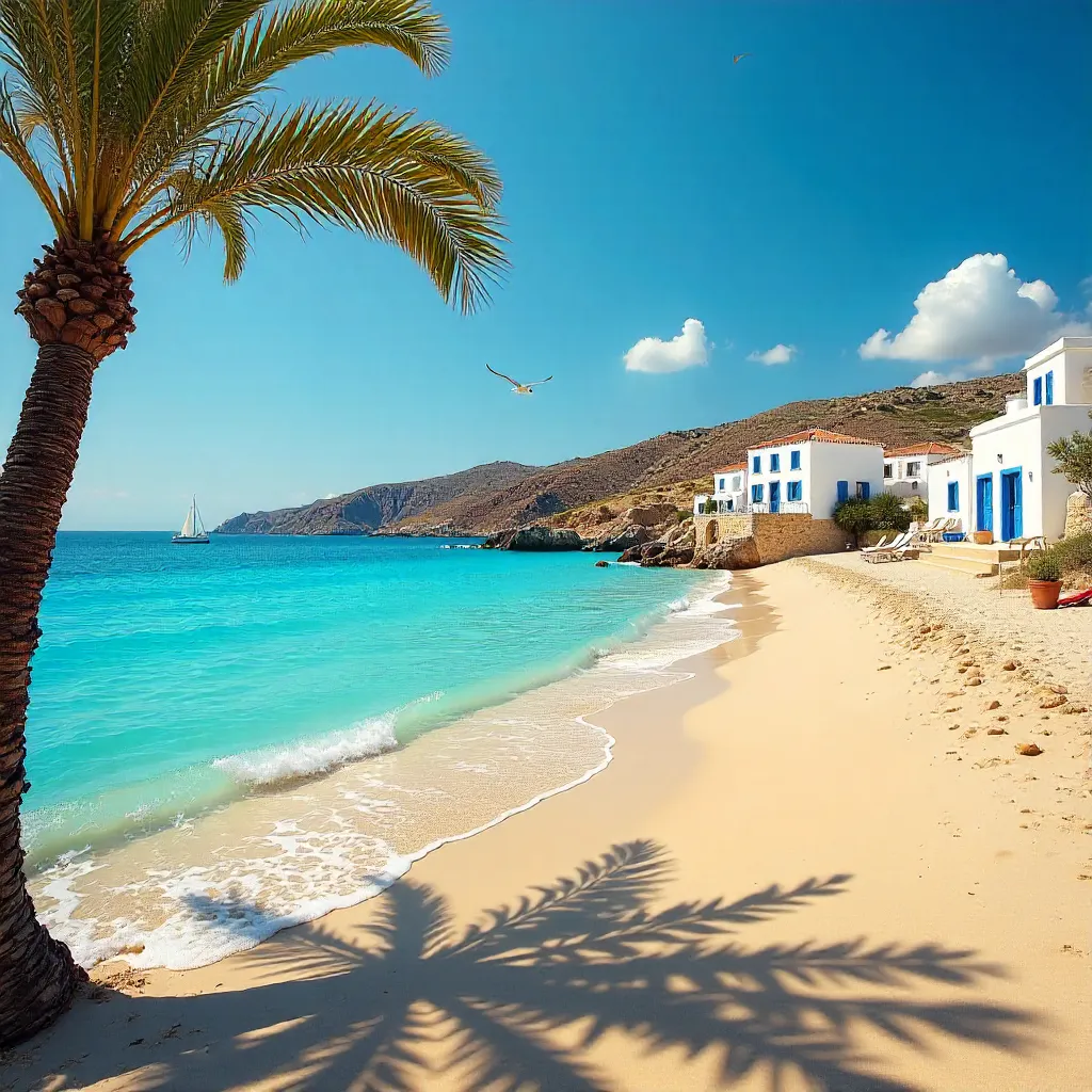 Serene Greek Beach: Blue Waves and Sunlit Vibes