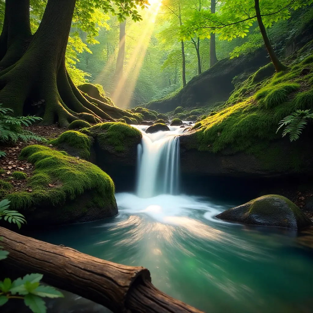 Tranquil Small Waterfall in a Lush Green Forest