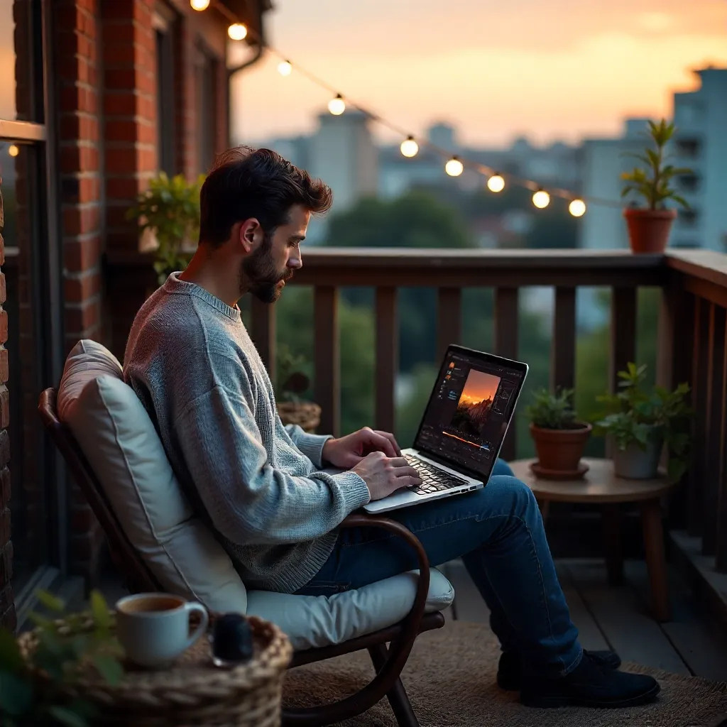 Man Editing Photos on Laptop on Cozy Balcony