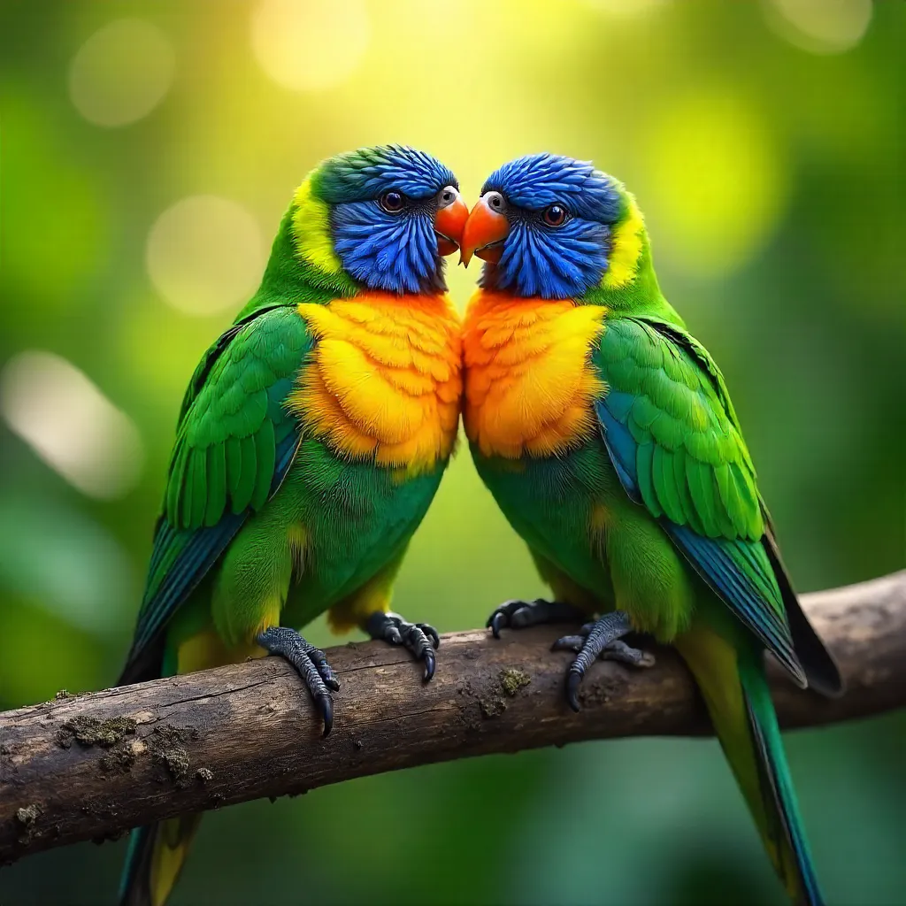 Two Colorful Lovebirds Embracing on a Branch