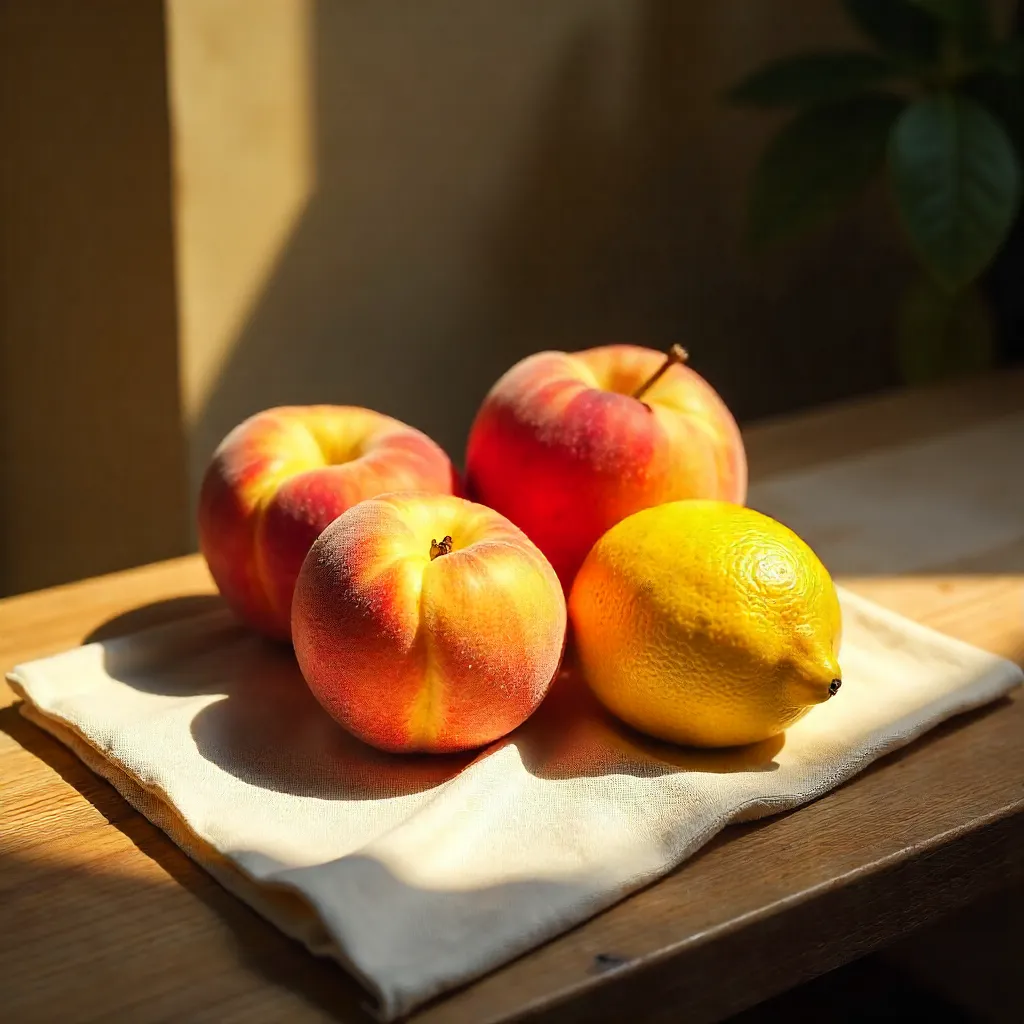 Sunlit Peach, Pear, and Lemon Still Life