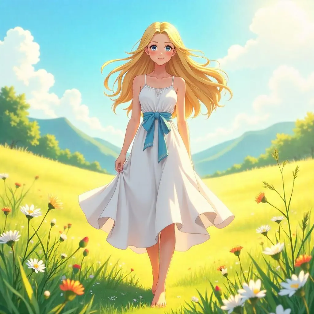 Confident Anime Heroine in a Meadow