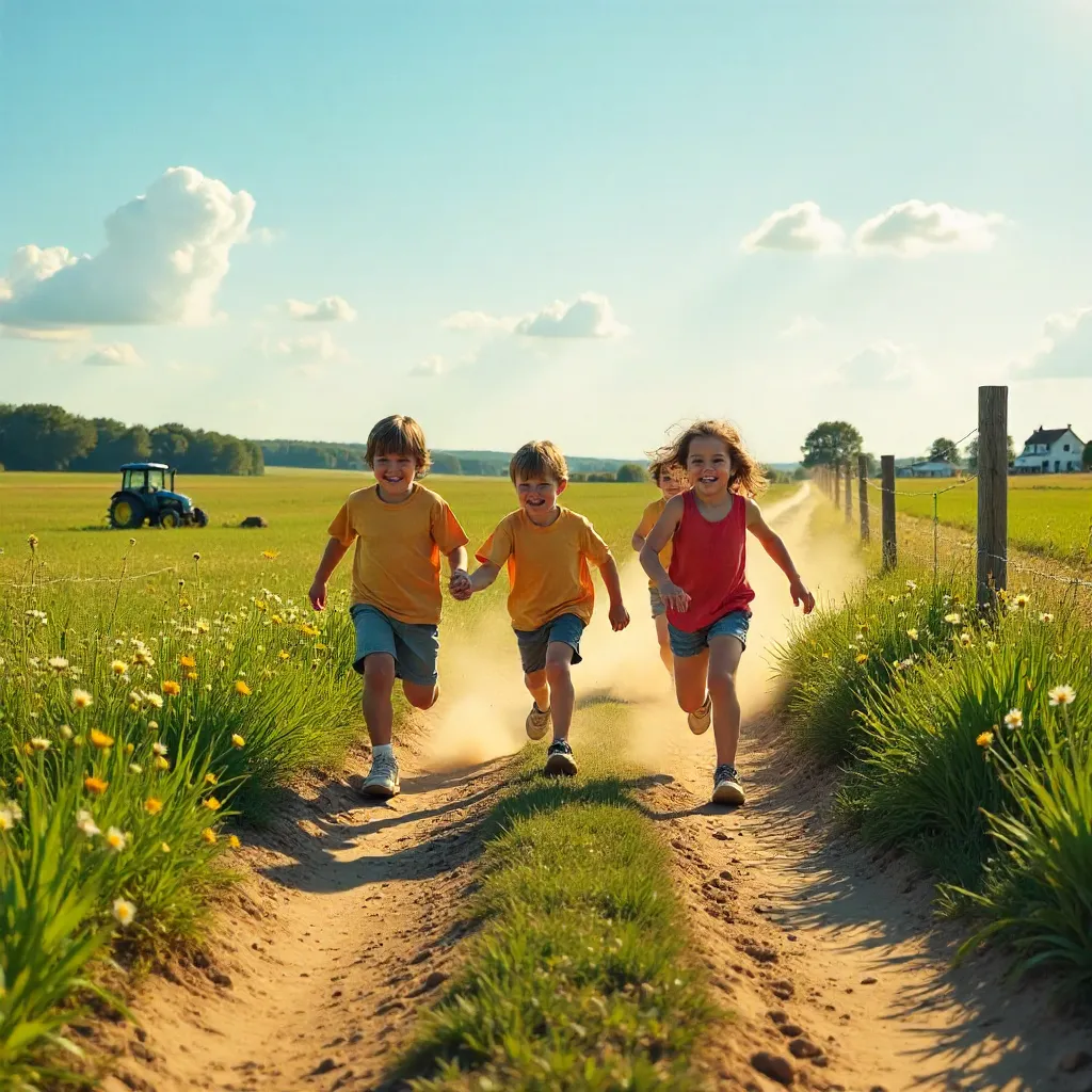 Children playing tire game on sunny country path