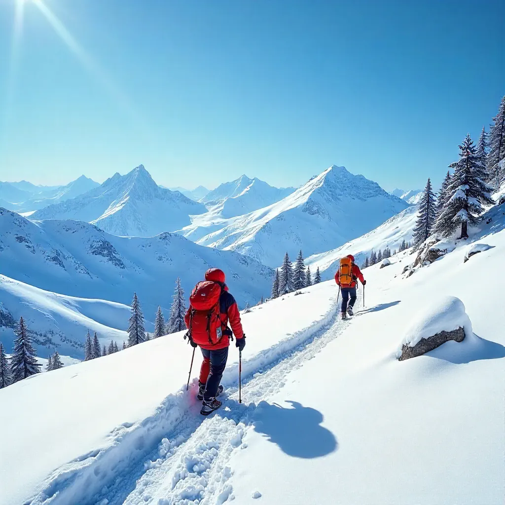 Two Hikers Crossing a Vast Snowy Mountain Landscape