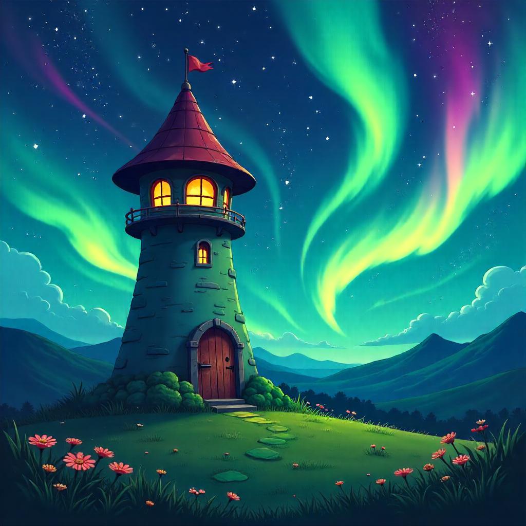 Whimsical Tower Under Aurora Skies