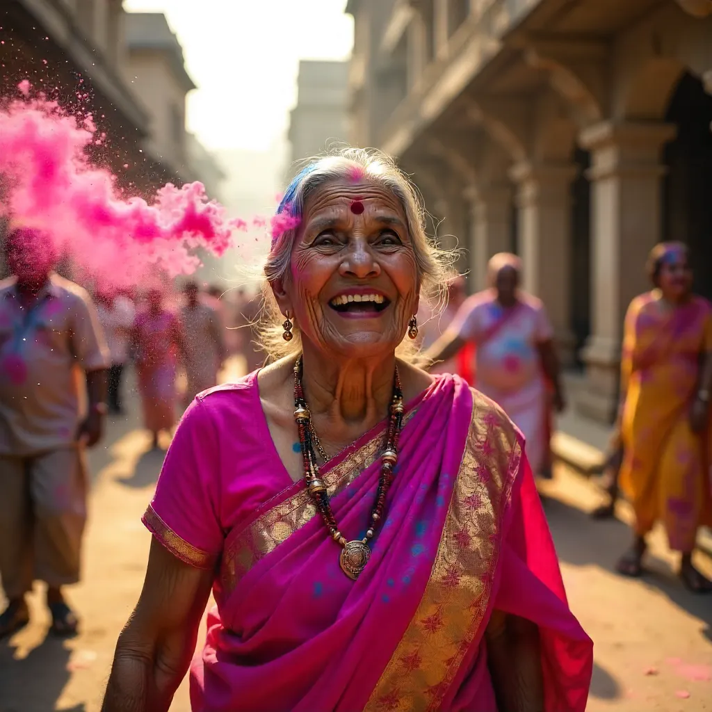 Joyful Senior Woman in Vrindavan Holi