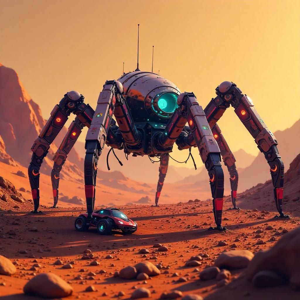 Cyberpunk Spider Roams the Martian Dunes