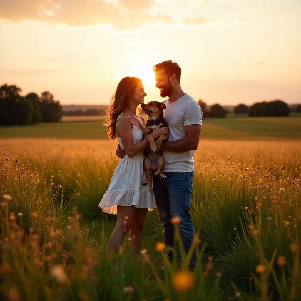Golden Hour Embrace in a Grassy Field with Dog
