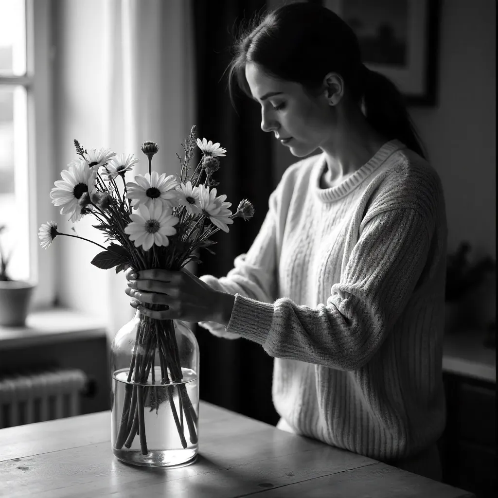 Monochrome Moment: Woman Arranging Flowers Indoors