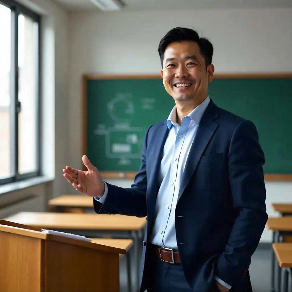 Confident Asian Man Teaching in a Photorealistic Classroom