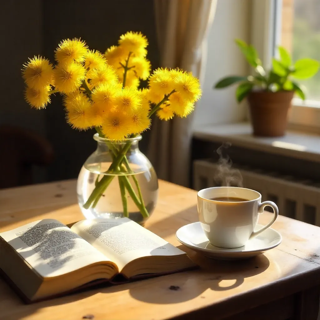 Cozy Mimosa, Book, and Coffee on Wood