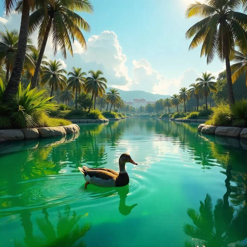 Lone duck on emerald pond in Lima at golden hour
