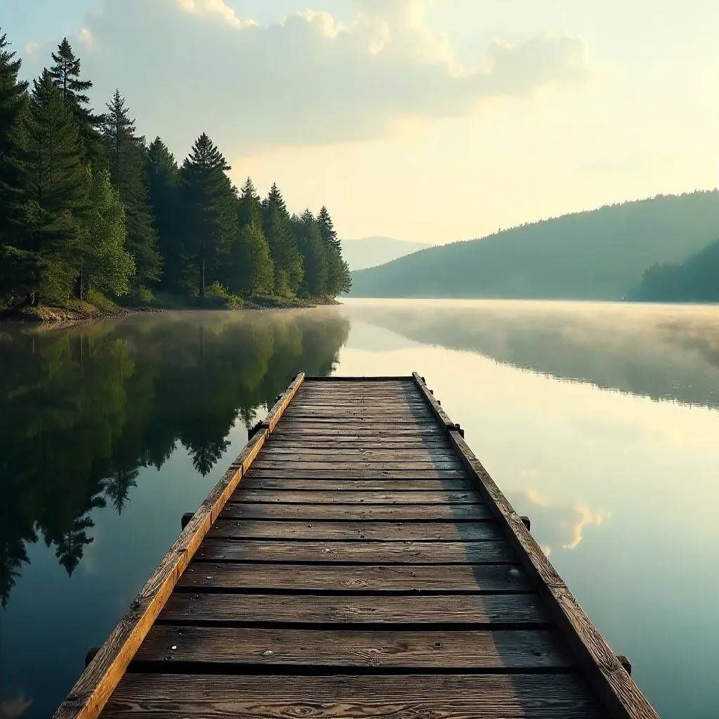 Peaceful Lakeside Dock Amid Forest Reflections