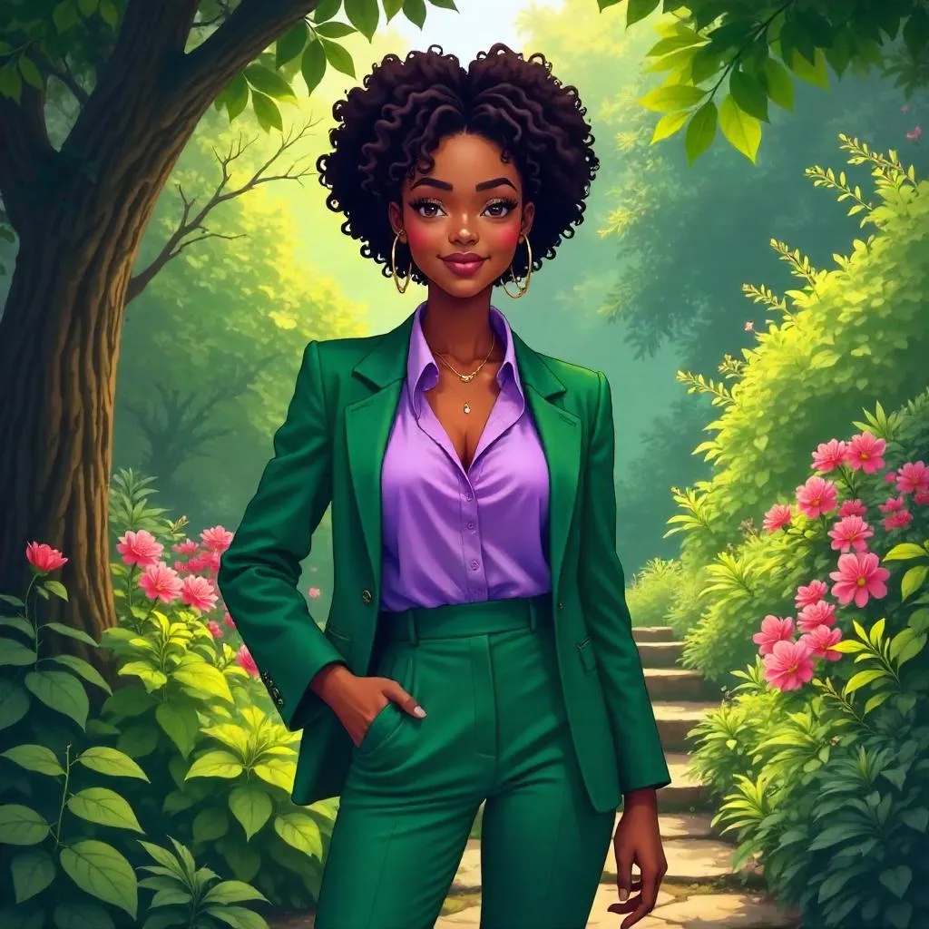 Confident Black Woman in Anime-Style Garden