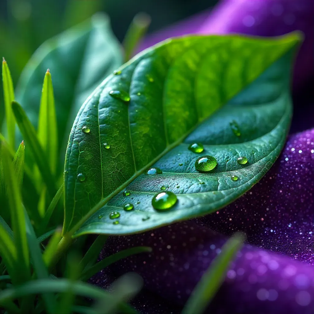 Dewy Green Leaves on Sparkly Purple Velvet