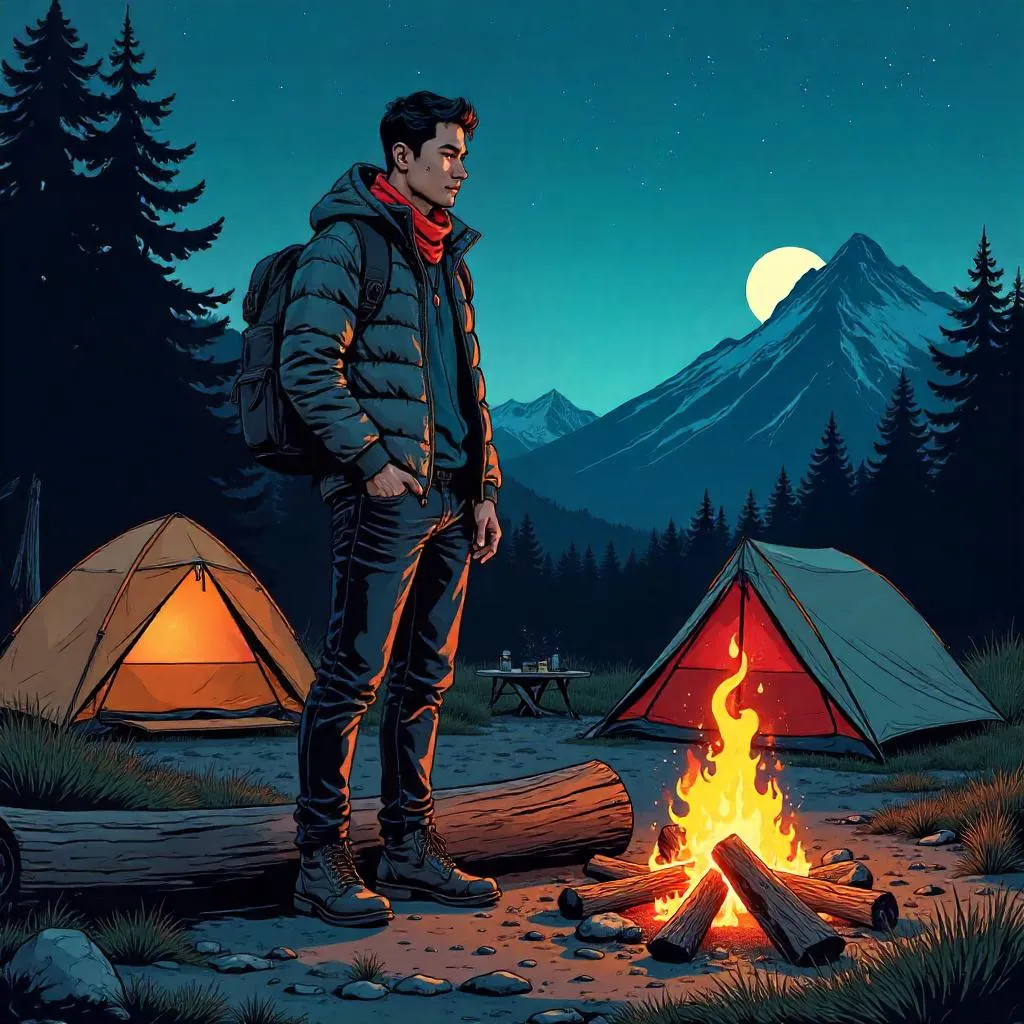 Stylish Asian Man at a Camping Site in Comic Book Style