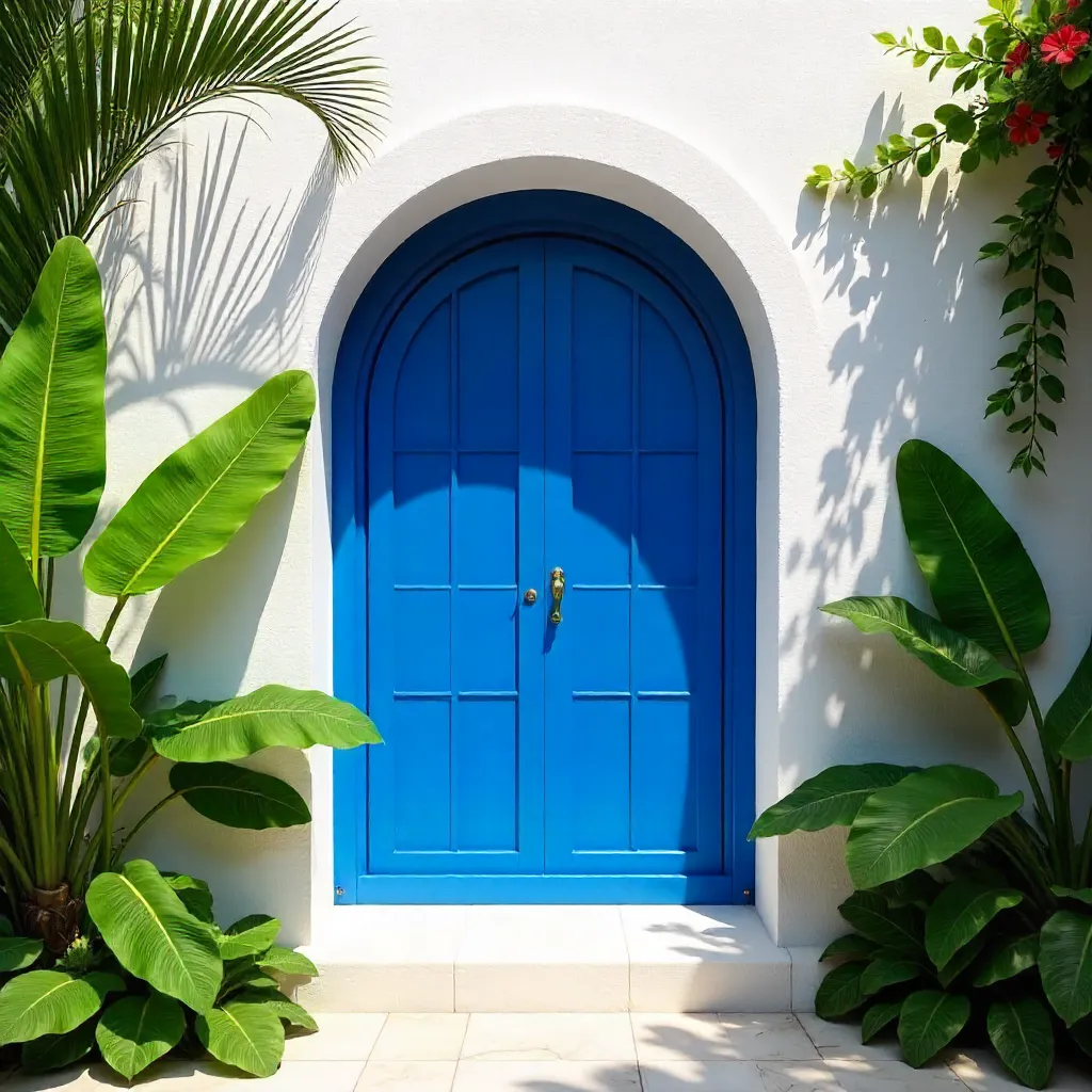 Minimalist Blue Arch Window in White Wall, Tulum
