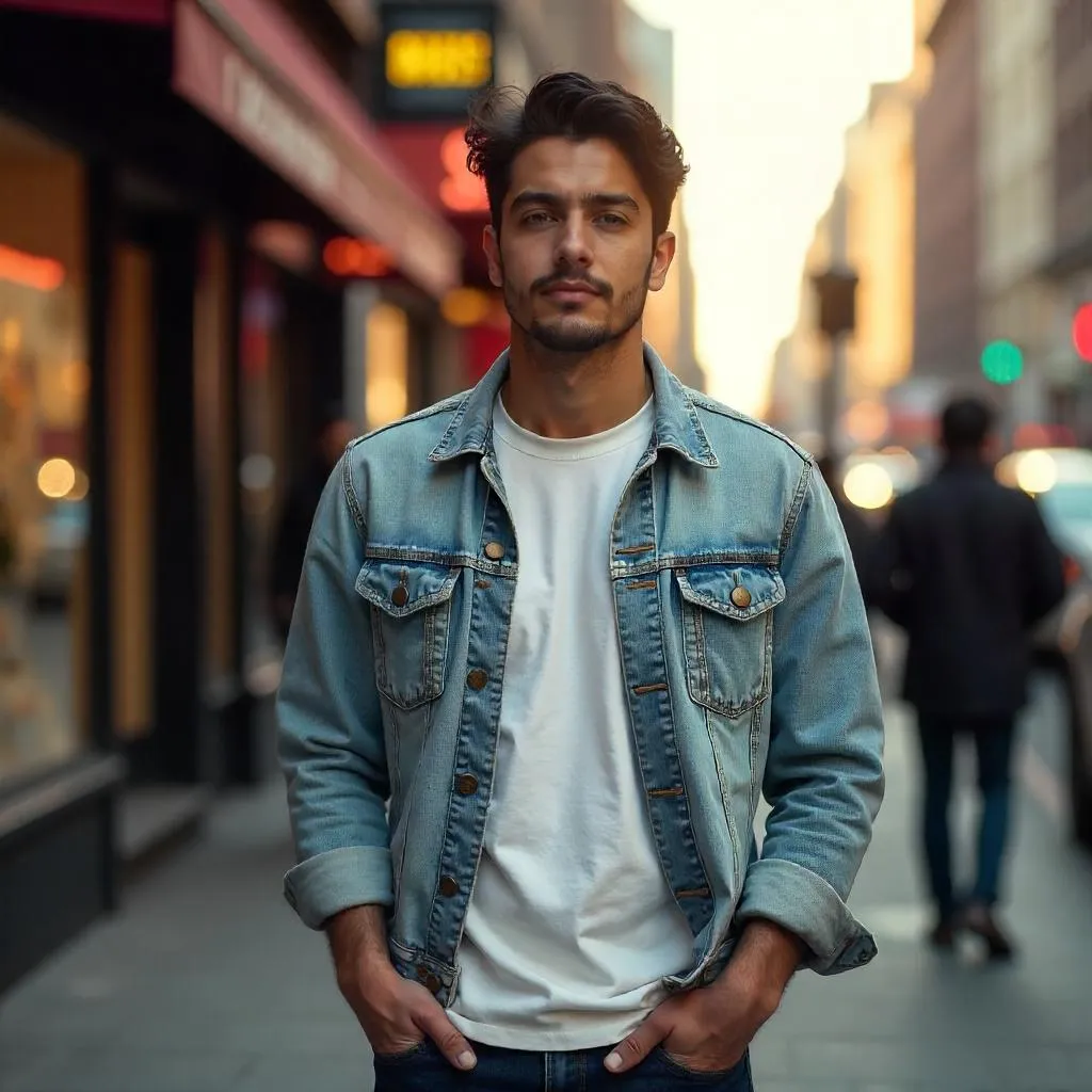 Photorealistic portrait of a young Latino man on a city street