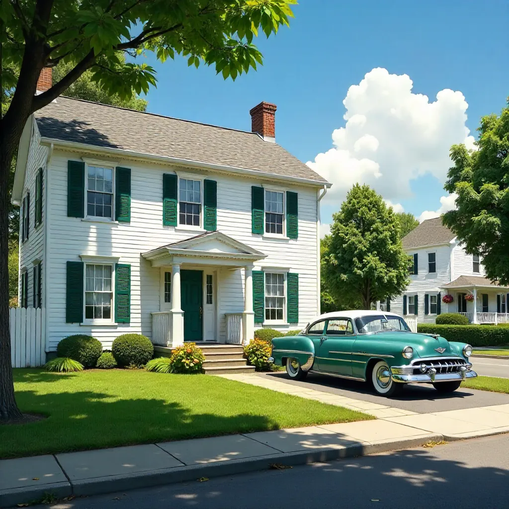 Sunlit White House with Green Shutters and Vintage Car