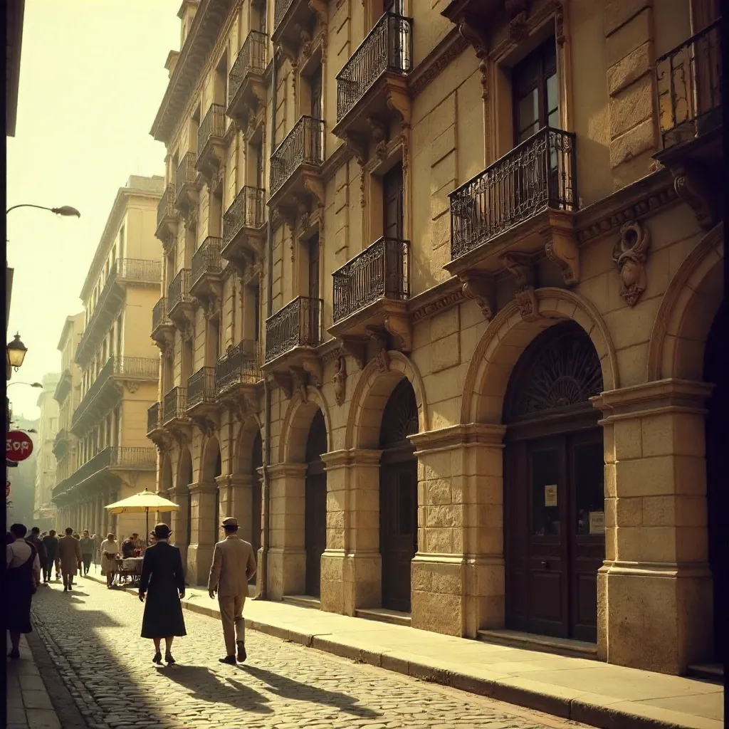 Sepia Barcelona: Historic Facade with Pedestrians