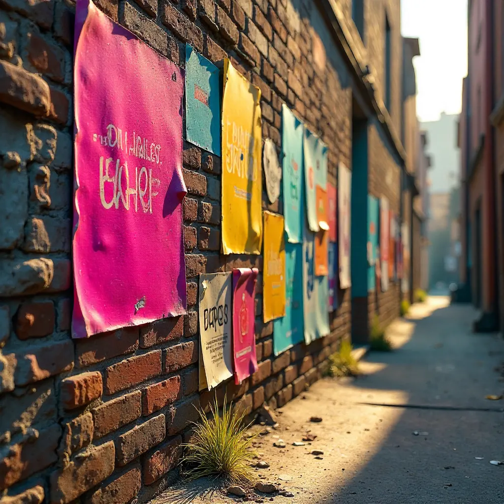 Colorful Posters on an Aged Wall: Street Art Display