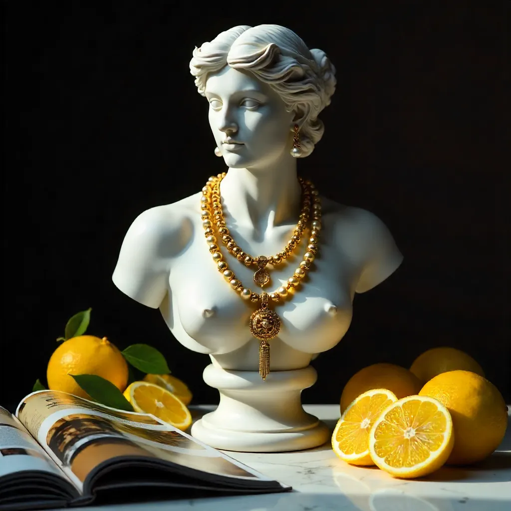 Jewelled Marble Bust Amid Lemons and Magazine