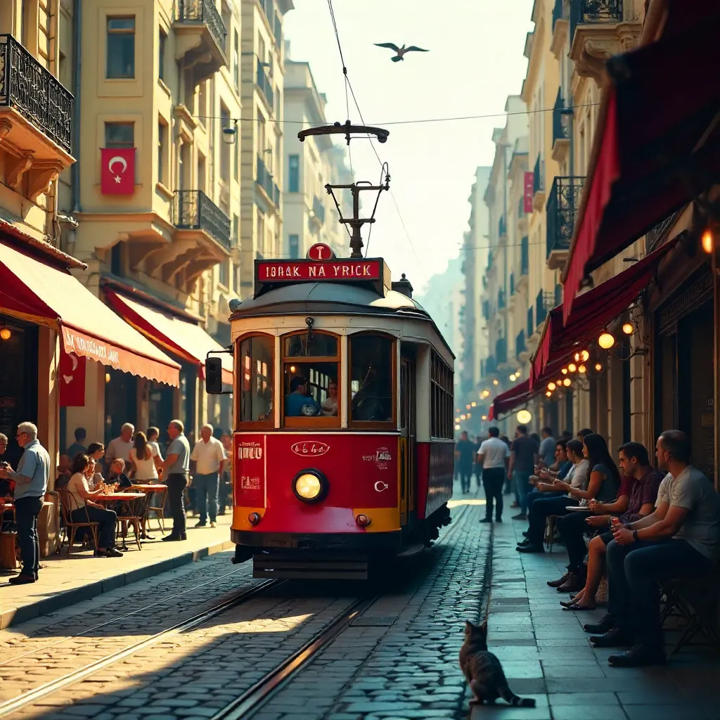 Iconic Red Tram on Istiklal Avenue