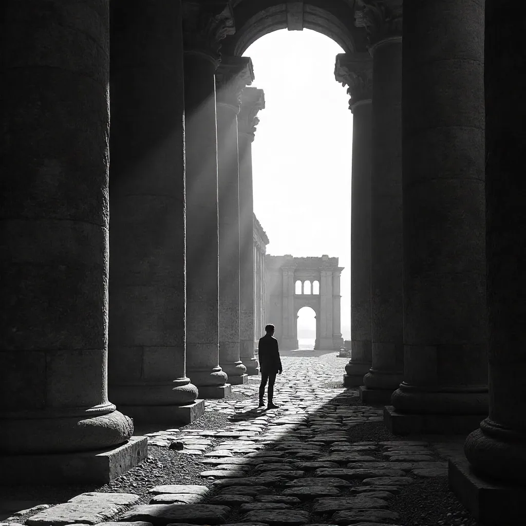 Lone Figure Between Ancient Pillars