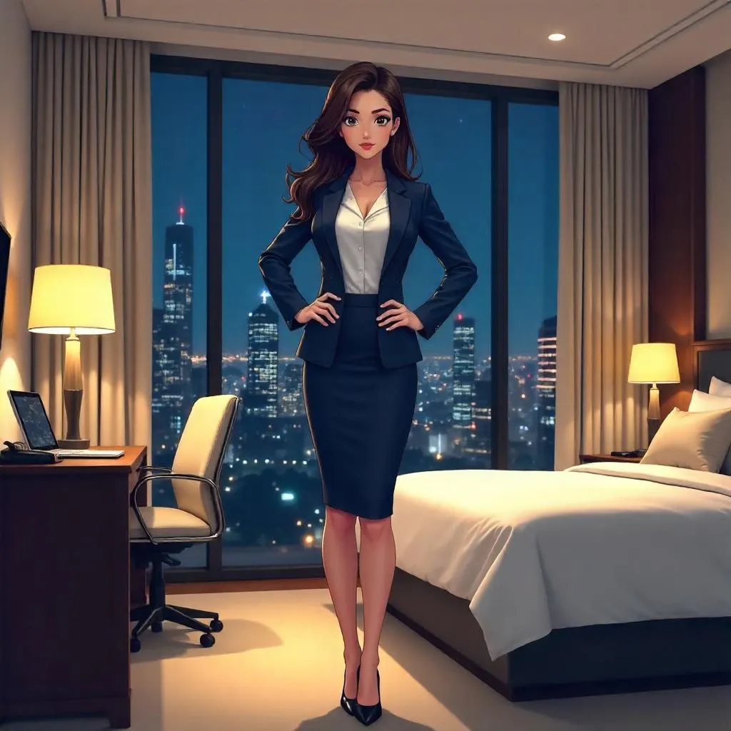Confident Caucasian Woman in a Chic Hotel Room — Anime Style