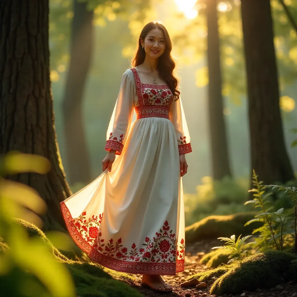 Embroidered Elegance in Sunlit Forest