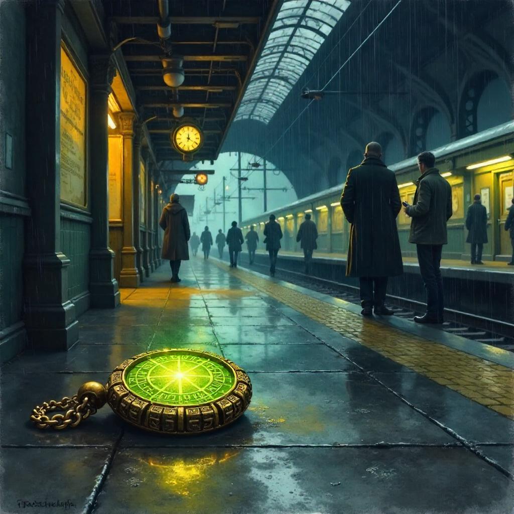 Cursed Amulet at the Rainy Train Station (Watercolor)