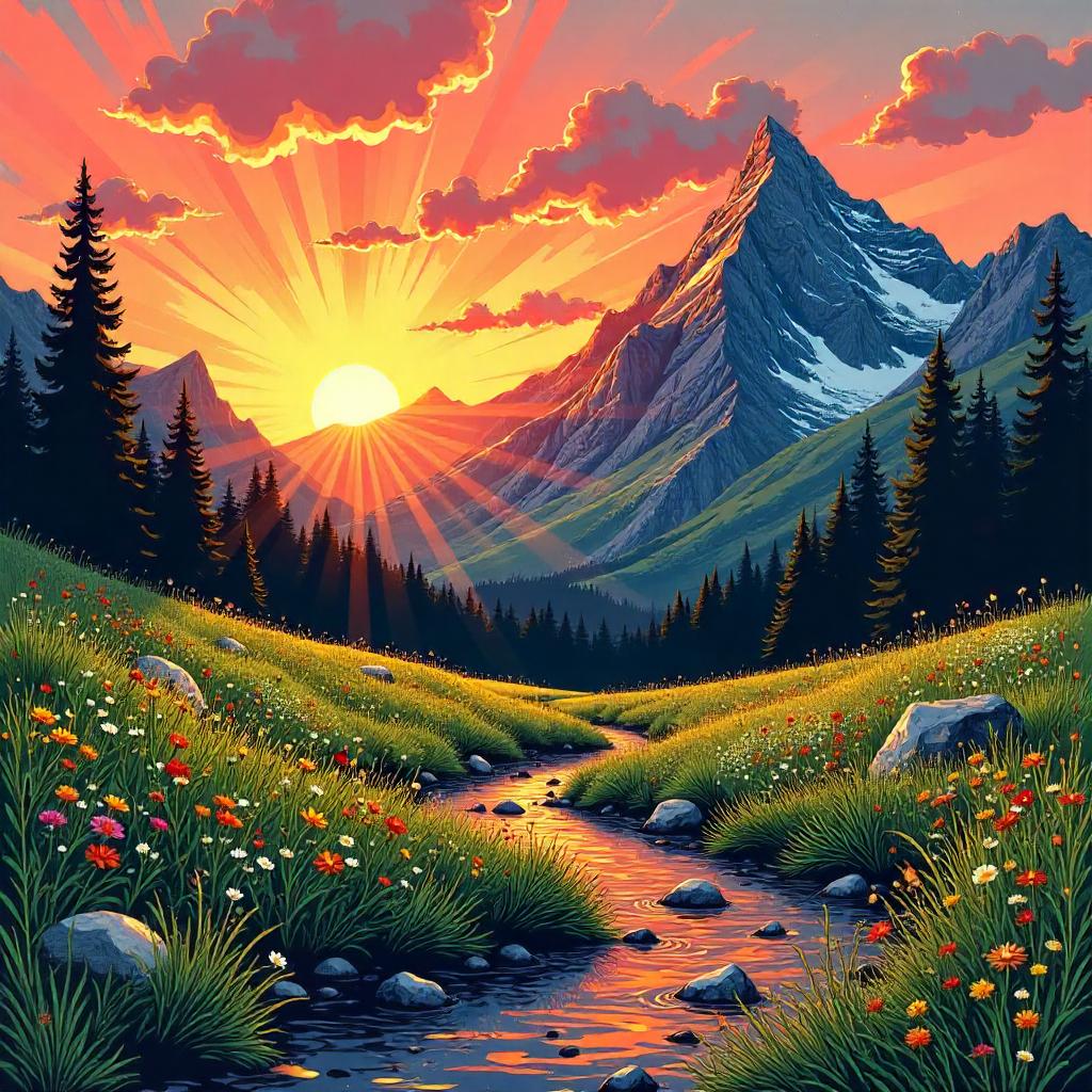 Sunrise Over Alpine Meadow in Comic Book Style