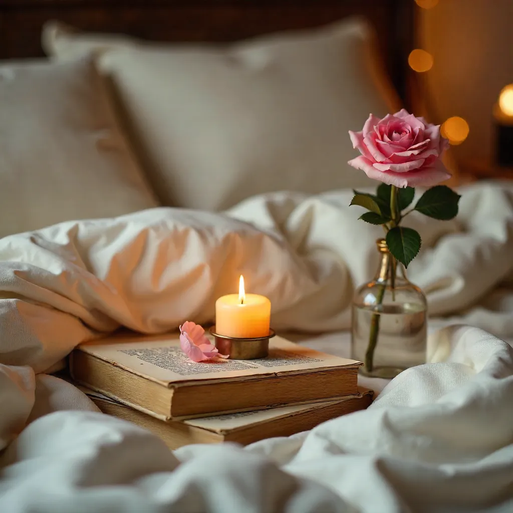 Cozy Bedtime Glow: Candle, Book, and Pink Rose on a Bed