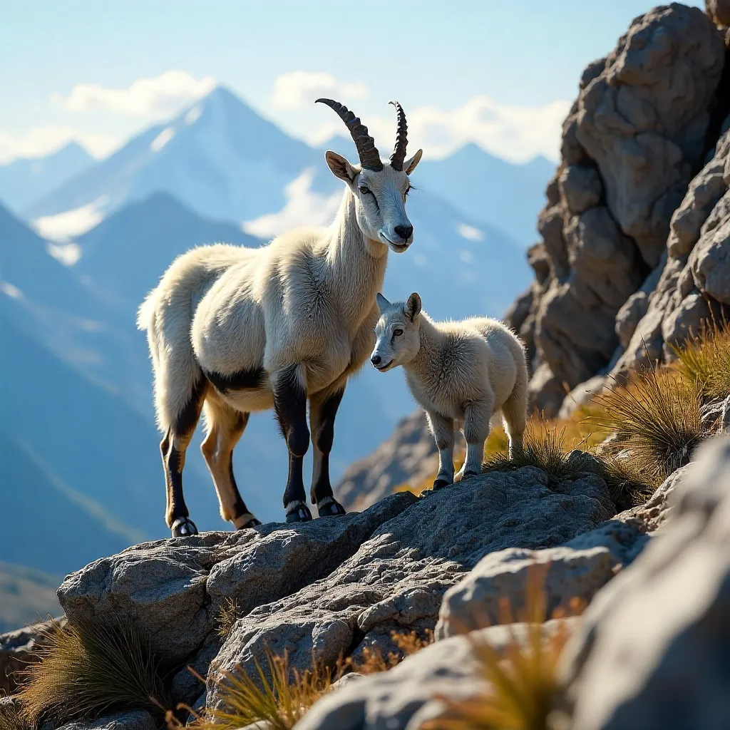 Mother Mountain Goat and Kid on Rocky Colorado Peaks