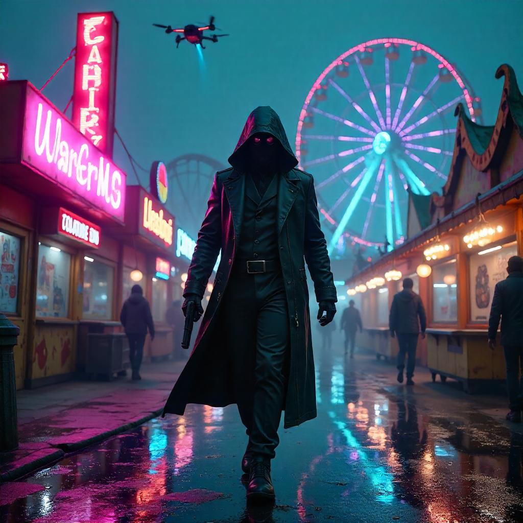 Neon Assassin in a Cyberpunk Amusement Park
