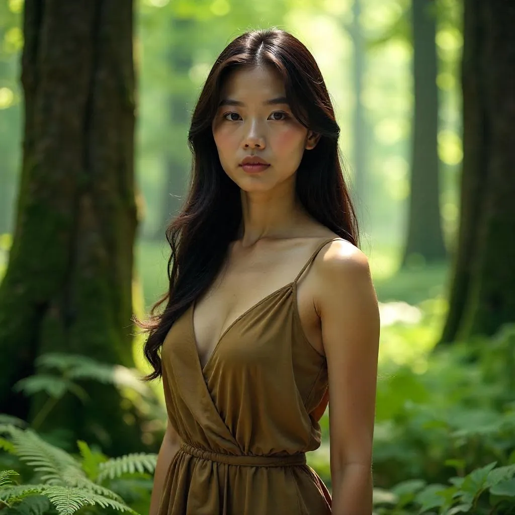 Photorealistic Asian Woman in a Sunlit Forest