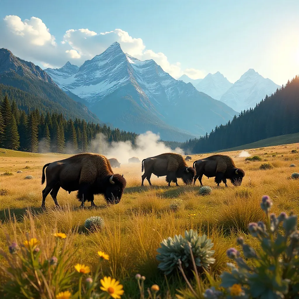 Bison Grazing in Yellowstone's Mountain Backdrop