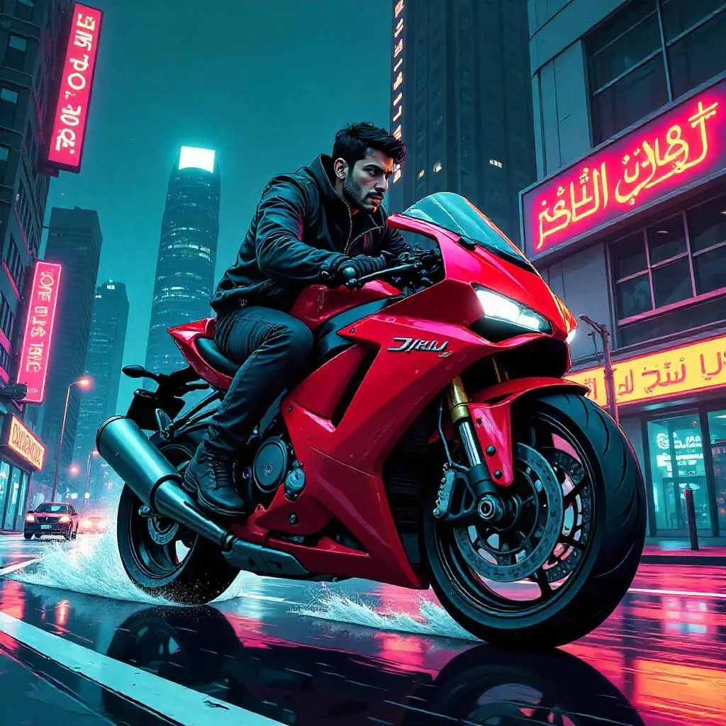 Young Middle Eastern Hero on a Neon Motorcycle
