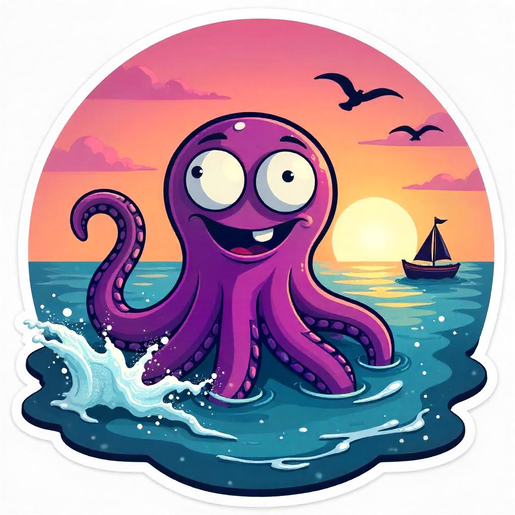 Sunrise Kraken: Cartoon Ocean Dawn