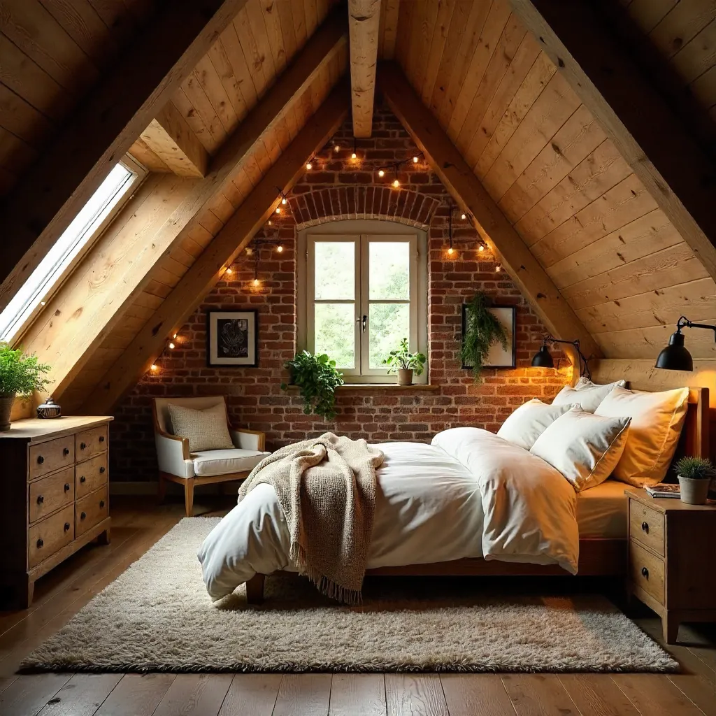 Cozy Attic Bedroom: Brick Wall & Wood Ceiling