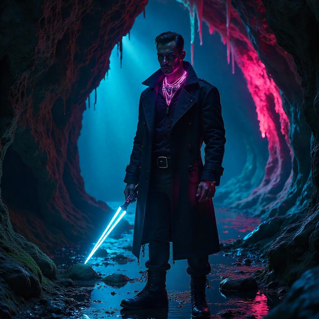 Cyberpunk Adonis in a Neon-Lit Cave