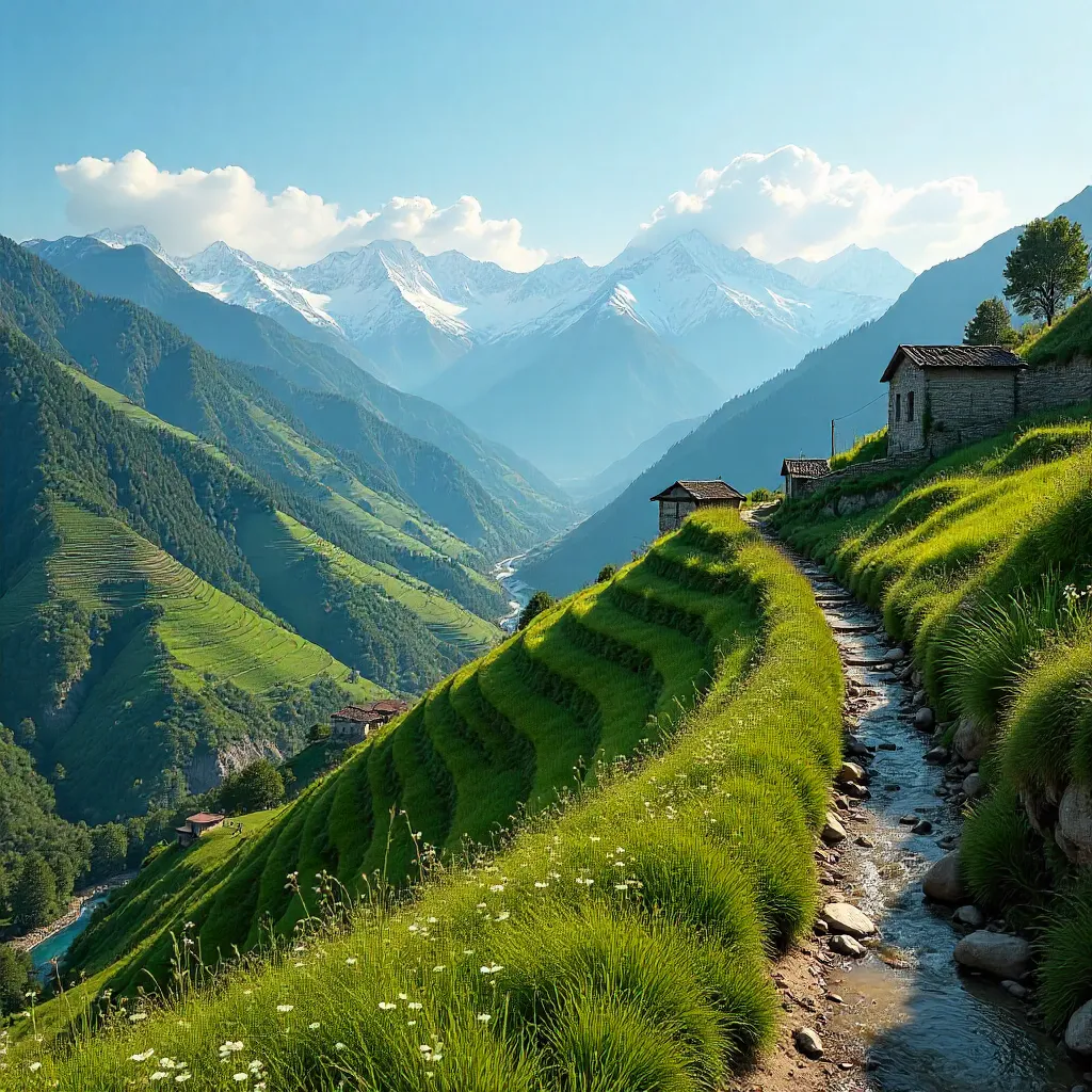 Terraced Green Hills of Dagestan with Snowy Peaks